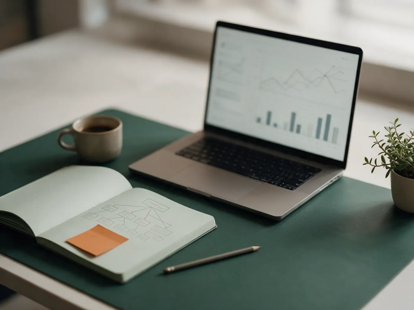 Escritorio de trabajo con notebook, gráficos y un cuaderno con el diagrama de la arquitectura de un sitio