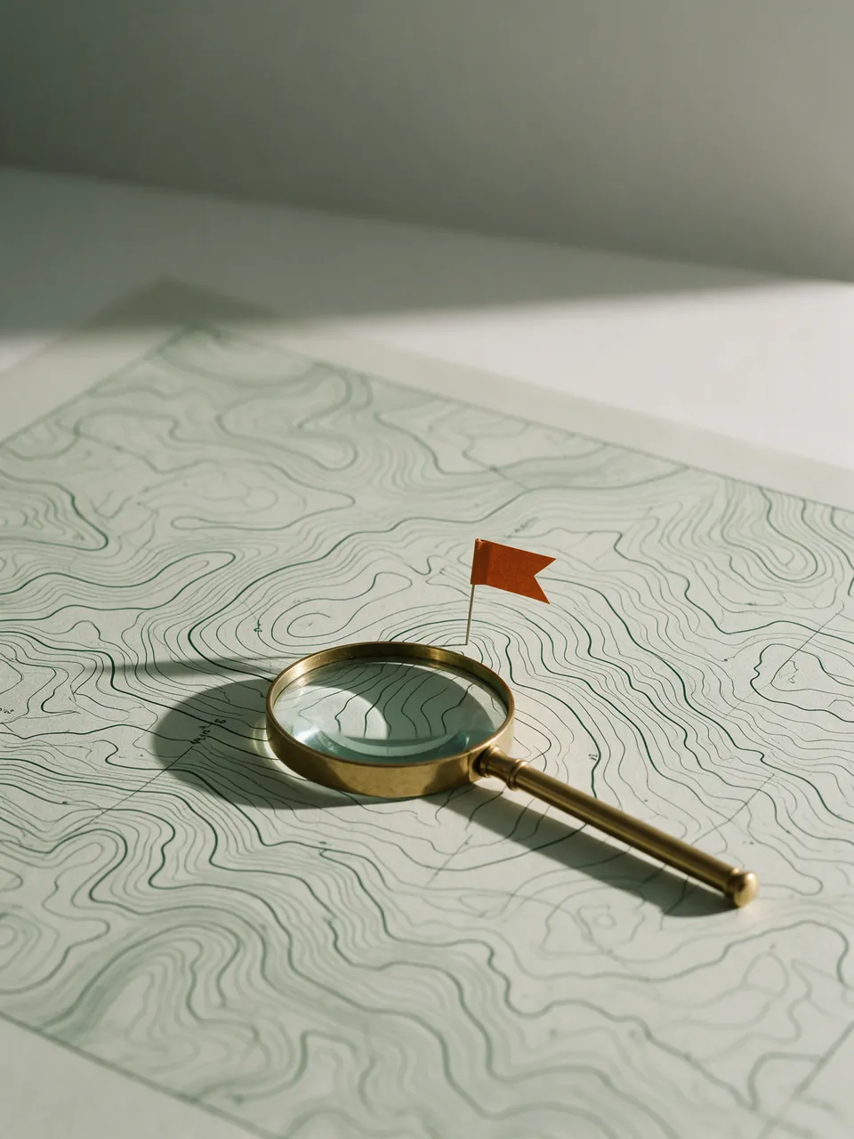 Lupa sobre un mapa topográfico con una bandera naranja que marca un punto