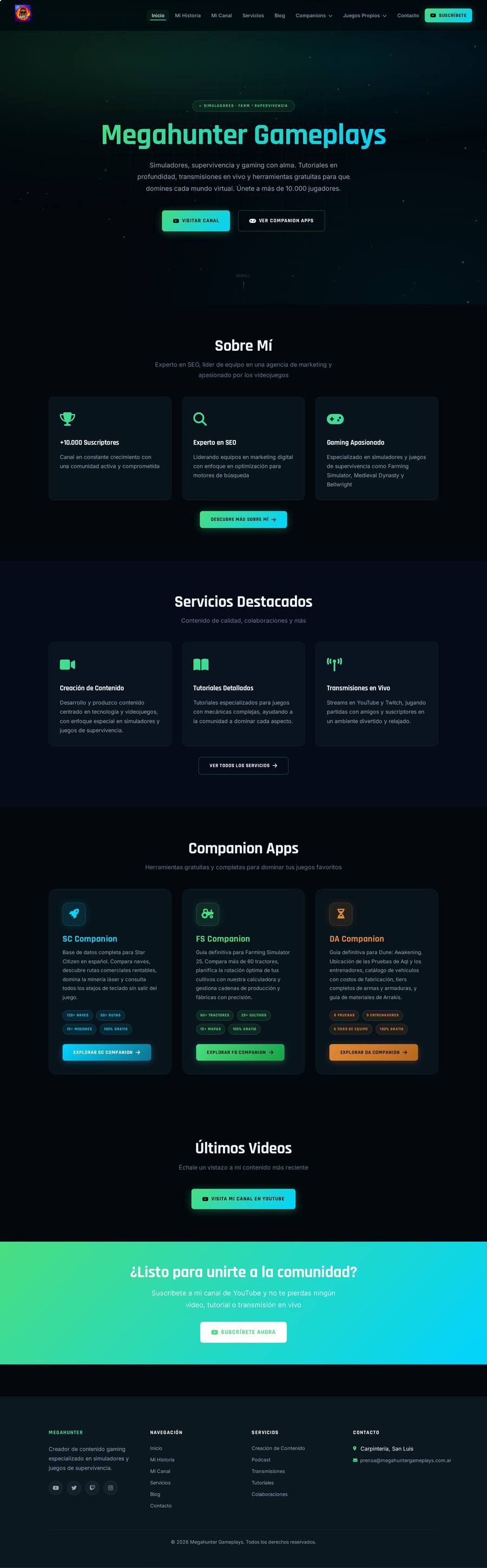 Sitio web de Megahunter Gameplays, canal de simuladores y juegos de supervivencia