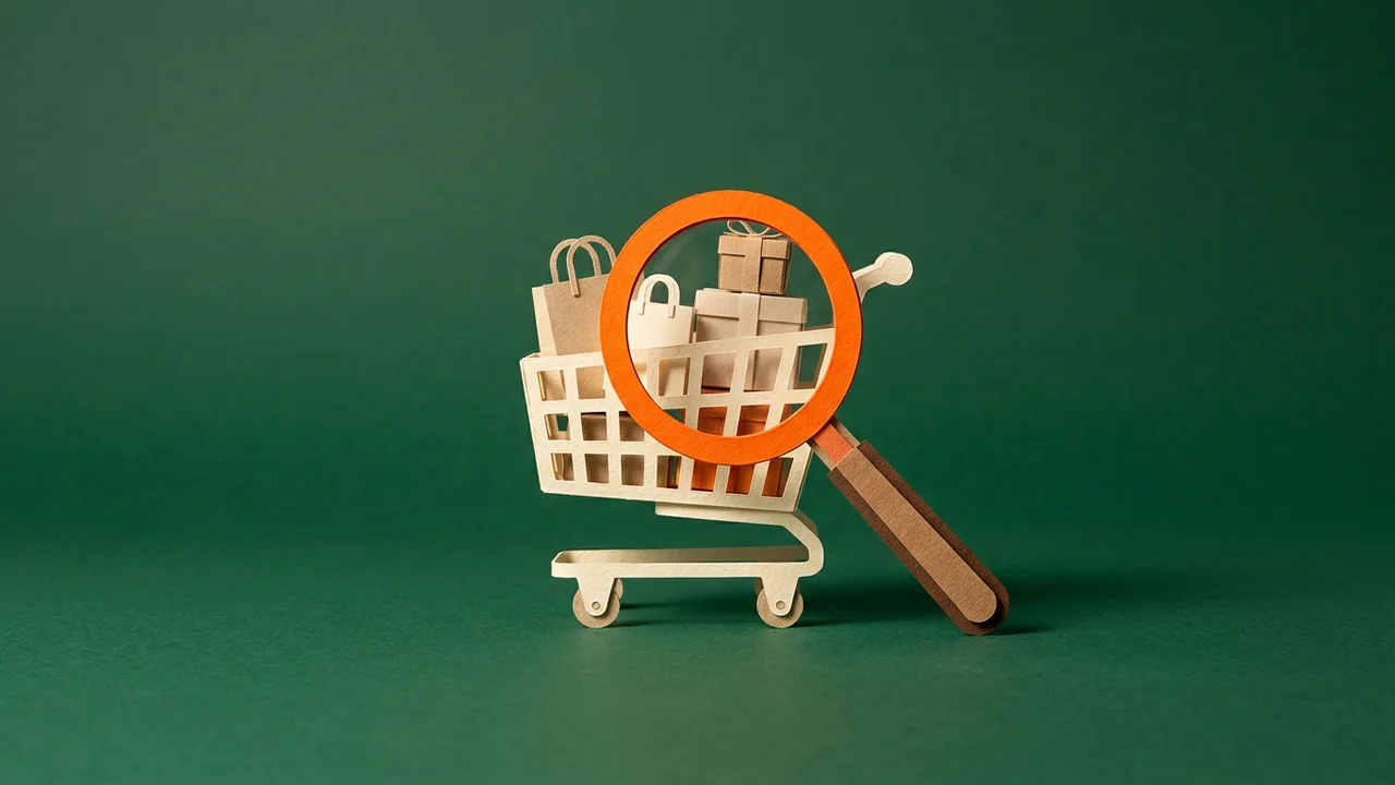 Carrito de compras de papel sobre fondo verde junto a una lupa naranja, que representa el posicionamiento de una tienda online en Google.