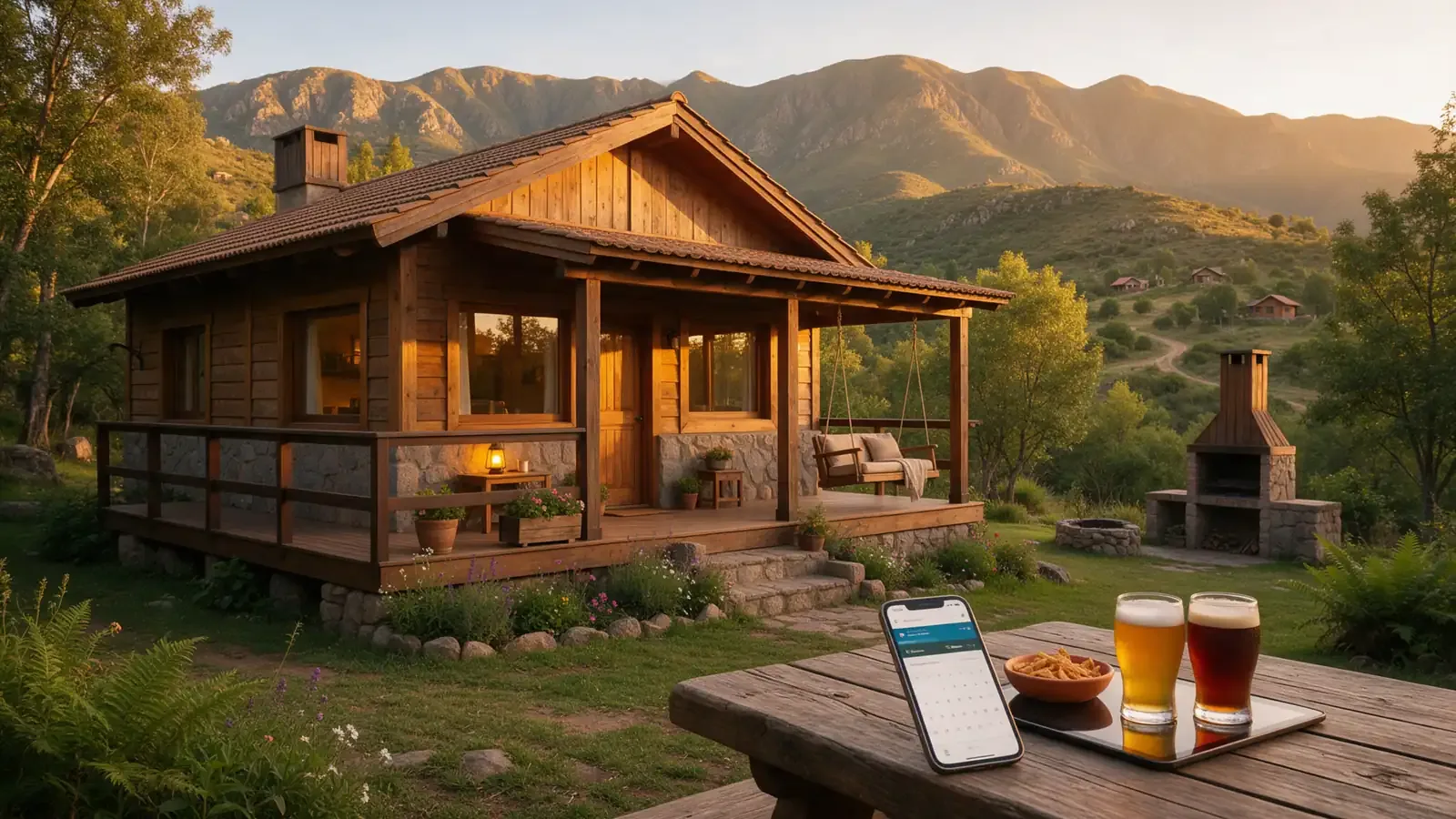 Cabaña en Villa de Merlo con un celular mostrando una web de reservas directas