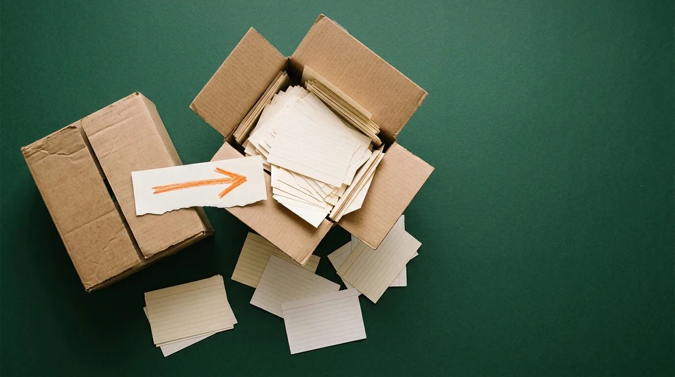 Dos cajas de mudanza sobre fondo verde unidas por una flecha naranja dibujada en papel, que representan la migración de un sitio web