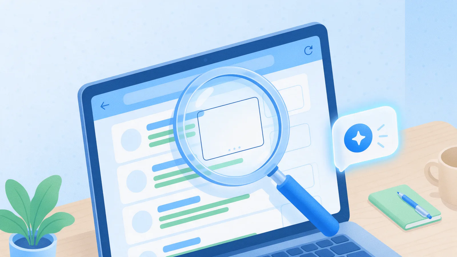 Lupa sobre una página de resultados de búsqueda donde falta un sitio web, junto a un ícono de chat de inteligencia artificial