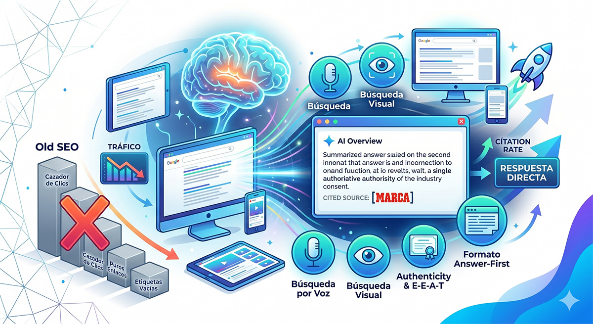 Un cerebro de IA central procesa datos y genera una 'Respuesta Directa' citada en múltiples dispositivos, mientras que los métodos de SEO tradicionales, como el 'Cazador de Clics', muestran una tendencia a la baja. El diseño es limpio, ilustrativo y futurista en tonos azules.