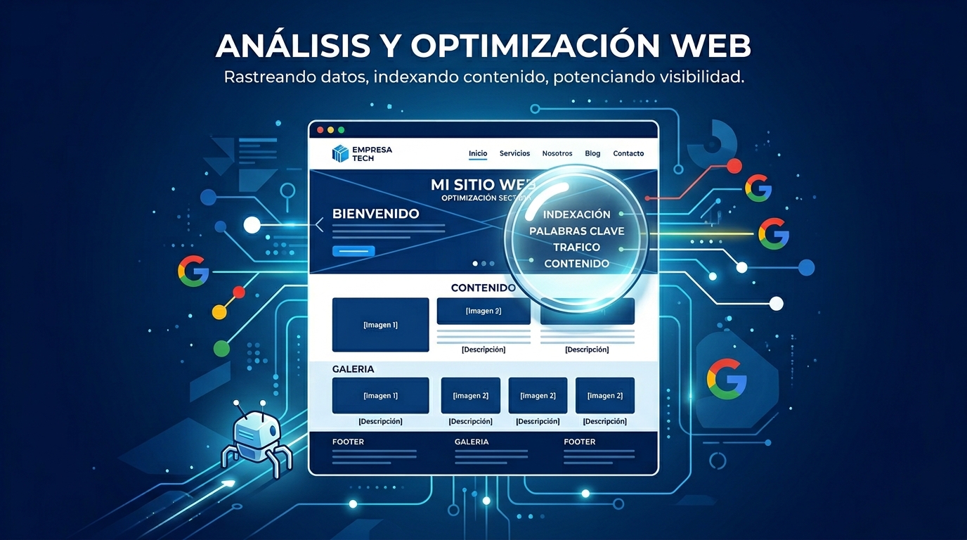 Ilustración digital de un bot de motor de búsqueda y una lupa analizando la estructura de un sitio web nuevo