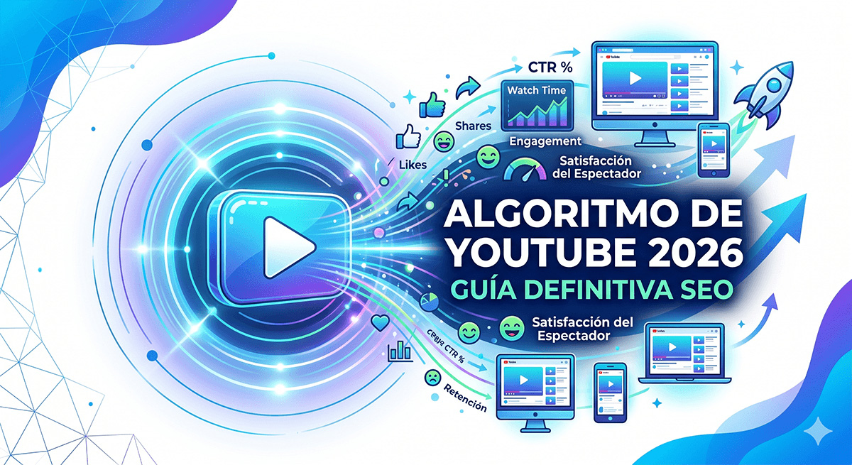 La imagen muestra un botón de 'Play' central que emite datos hacia varias pantallas y métricas clave como CTR, Retención, Satisfacción del Espectador y Engagement, con un diseño limpio en tonos azules y blancos.