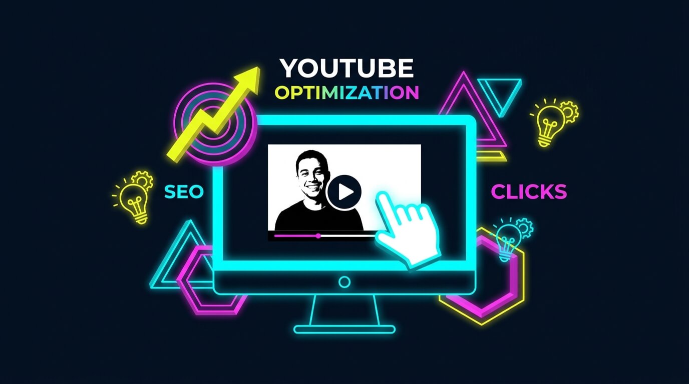 Ilustración moderna de optimización de videos para YouTube con pantalla que muestra una miniatura de alto impacto y elementos de analítica SEO