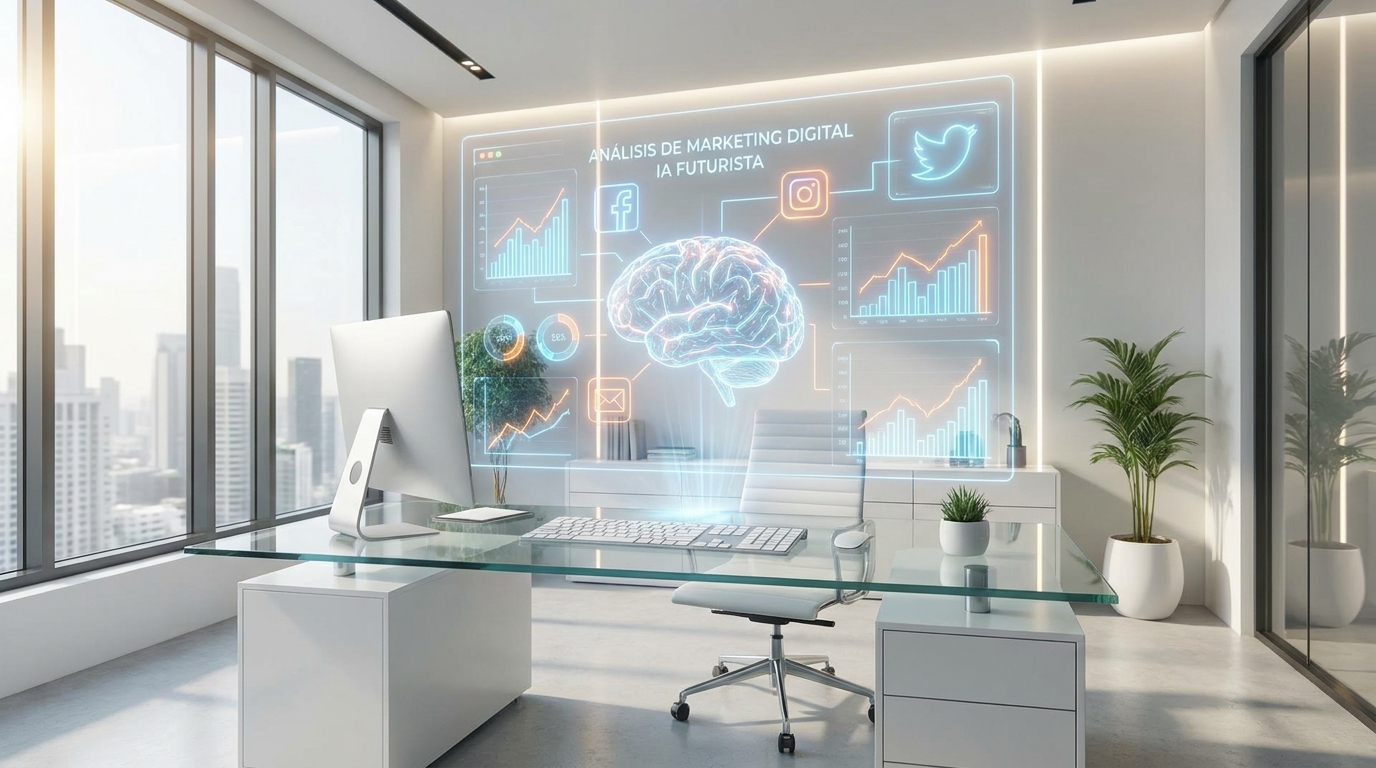 Proyección holográfica futurista mostrando analíticas de marketing digital e inteligencia artificial en un espacio de trabajo moderno.