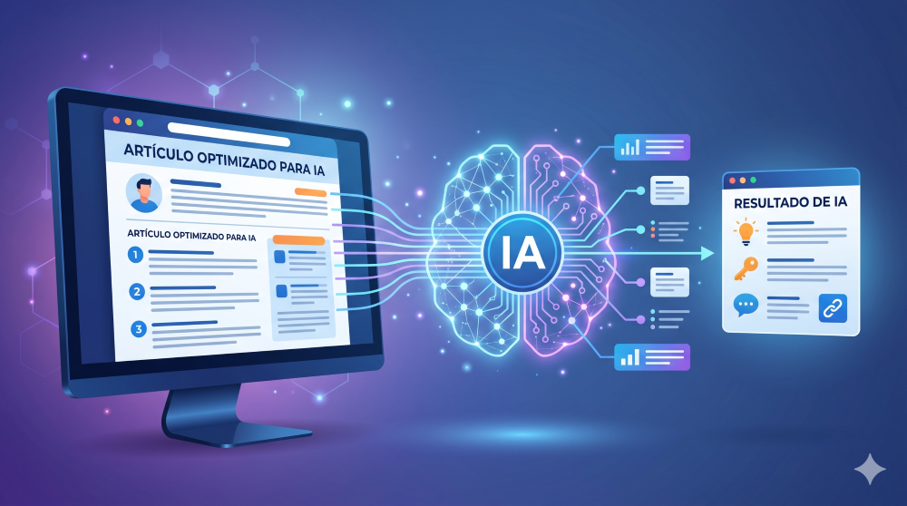 Ilustración del proceso de optimización para inteligencia artificial, mostrando cómo un artículo web estructurado es procesado por un cerebro digital para generar un resultado de búsqueda con enlaces.