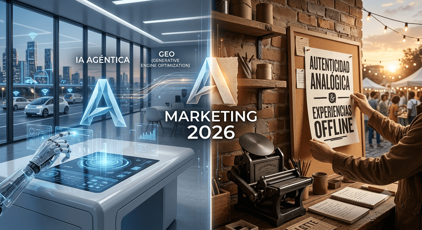 Una ilustración detallada que contrasta el futuro digital con la experiencia analógica. A la izquierda, un árbol de datos digital y un usuario con gafas de realidad aumentada interactuando con paneles sobre "AGENTIC AI", "GEO" y "PREDICTIVE ANALYTICS". A la derecha, un grupo diverso de personas disfruta de un taller de pintura y comunidad en un mercado, bajo un letrero de neón de madera que dice "EXPERIENCIAS OFFLINE Y CONEXIÓN HUMANA (El renacimiento analógico)". El fondo muestra un paisaje urbano moderno. Estilo de arte vectorial vibrante y detallado.