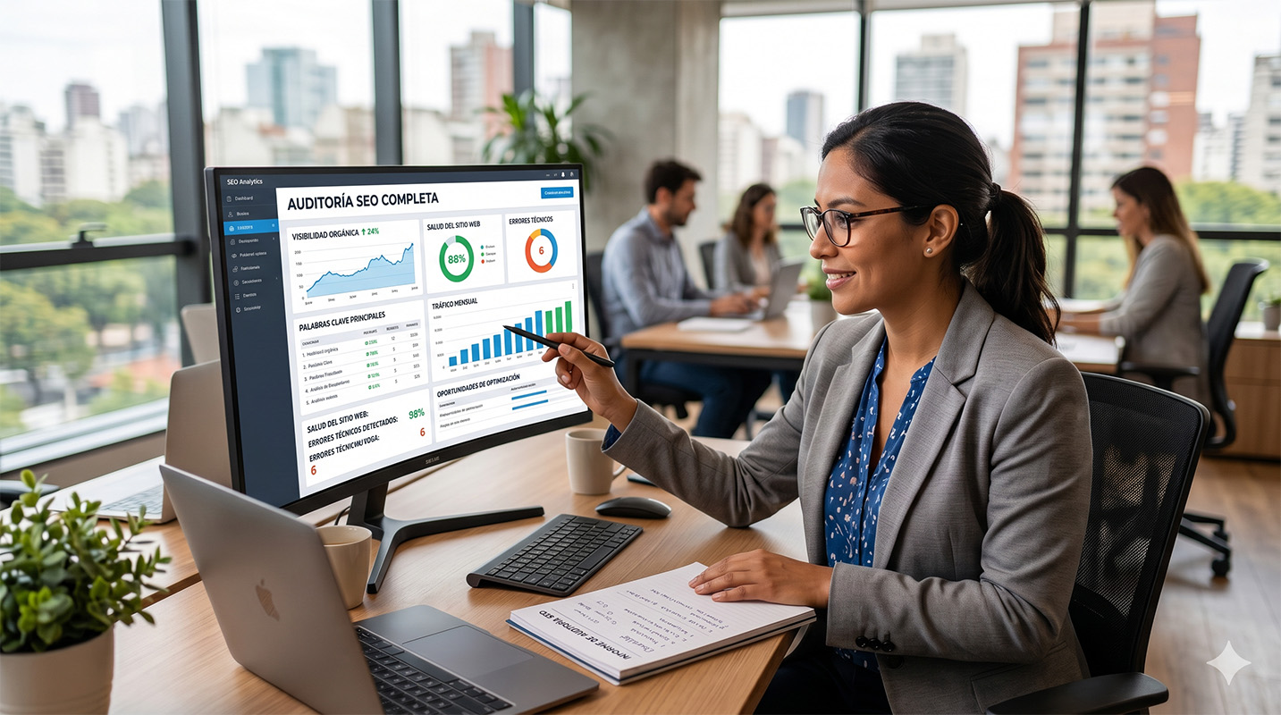 Especialista revisando gráficos de tráfico y datos como parte de un servicio de auditoria seo profesional.