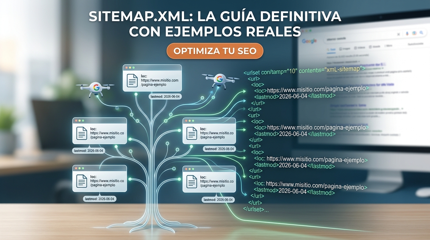 Diagrama conceptual de un ejemplo sitemap.xml en forma de árbol jerárquico web con código de programación y robots de Google rastreando las URLs