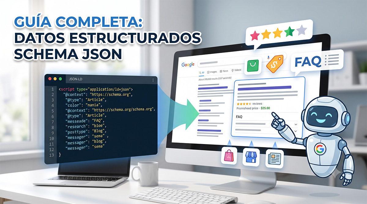 Imagen destacada para un artículo sobre 'datos estructurados schema json' en Herramientas SEO, que visualiza la transformación de código JSON-LD en un resultado de búsqueda enriquecido de Google (Rich Snippet) con estrellas y FAQ.