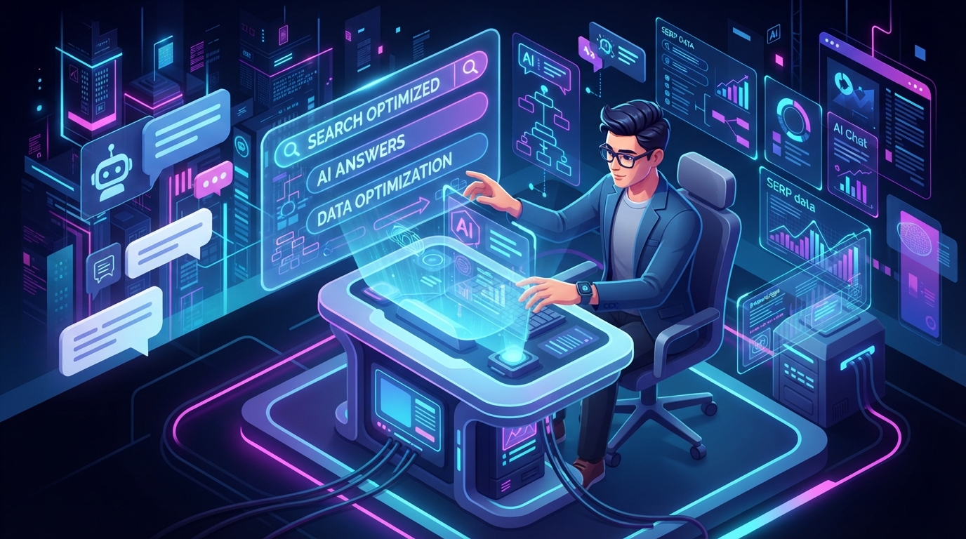 Ilustración 3D de un consultor AEO optimizando una página web para motores de inteligencia artificial.