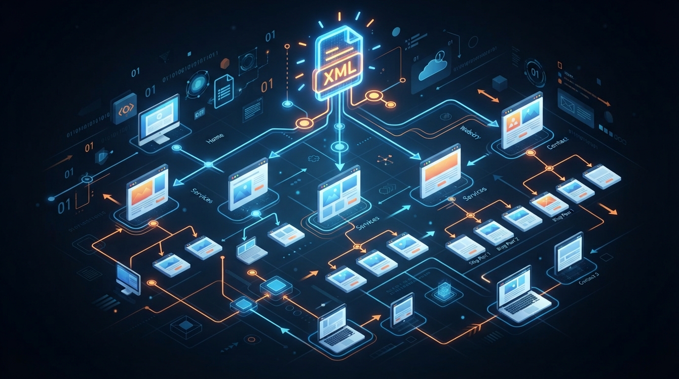 Ilustración digital que muestra la estructura de un sitio web basada en ejemplos de sitemap.xml para SEO.