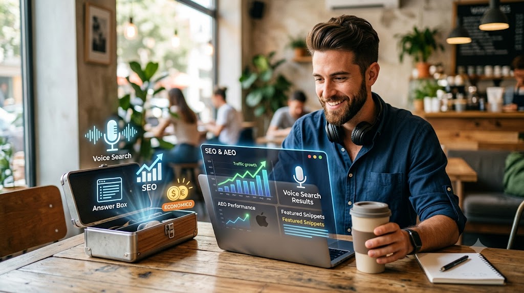 Hombre trabajando con herramientas AEO económicas en su computadora para mejorar el SEO y búsquedas por voz