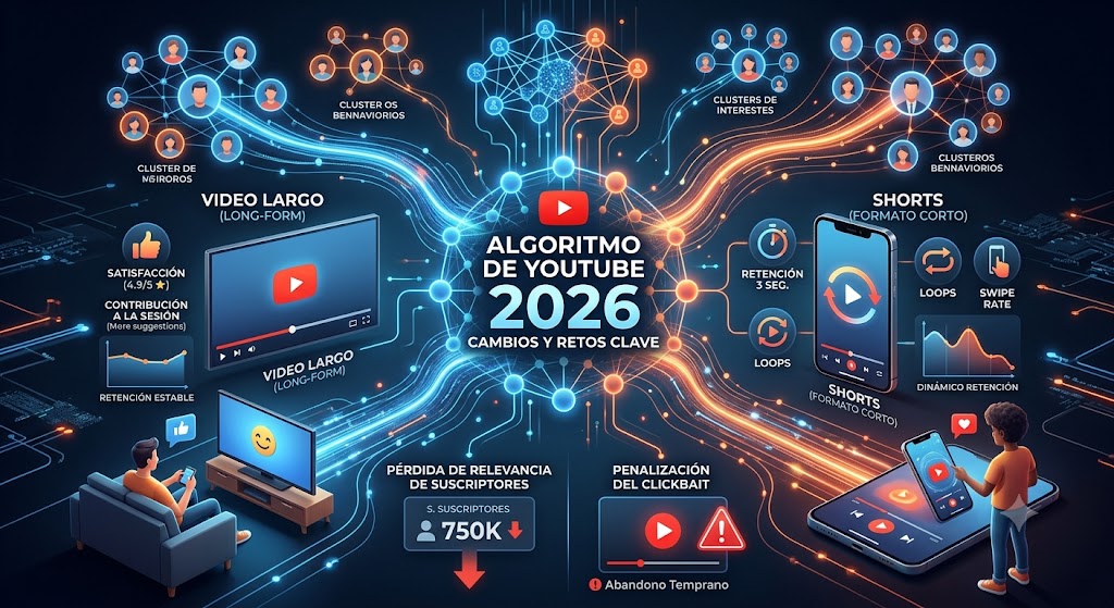 Infografía del Algoritmo de YouTube 2026 mostrando la separación de métricas entre videos largos y Shorts, clusters de comportamiento, satisfacción del usuario y penalizaciones por clickbait.
