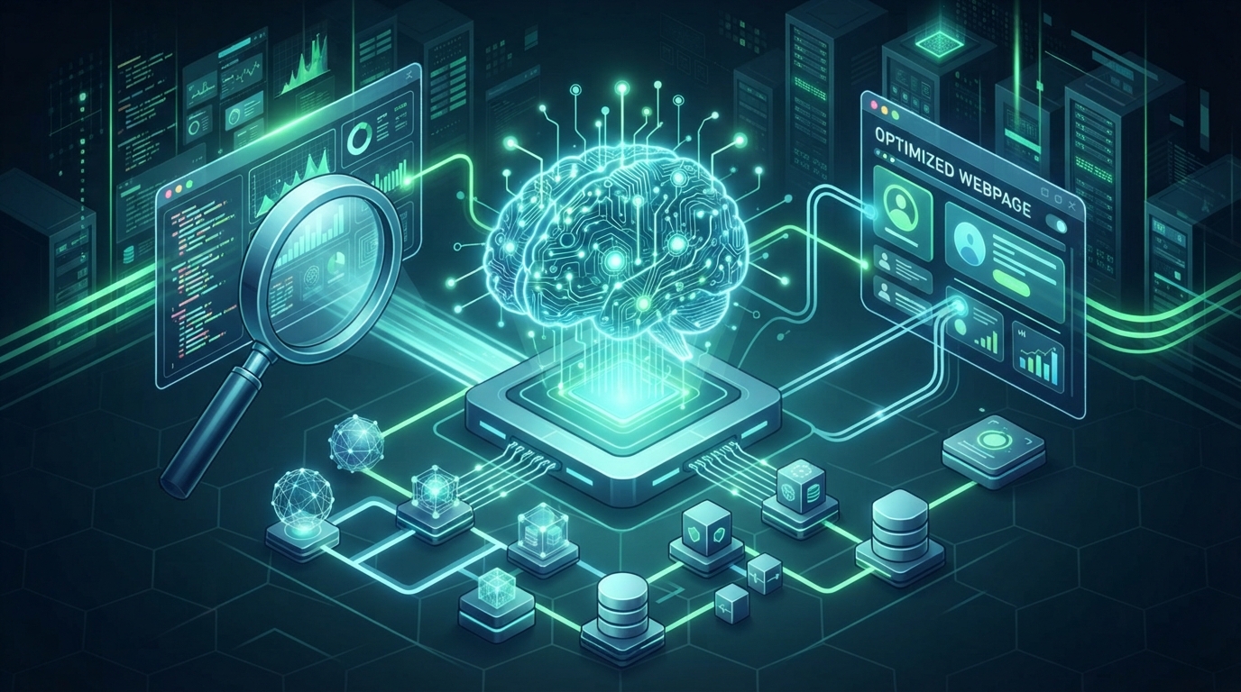 Ilustración 3D que representa el proceso de optimización para inteligencia artificial de un sitio web.