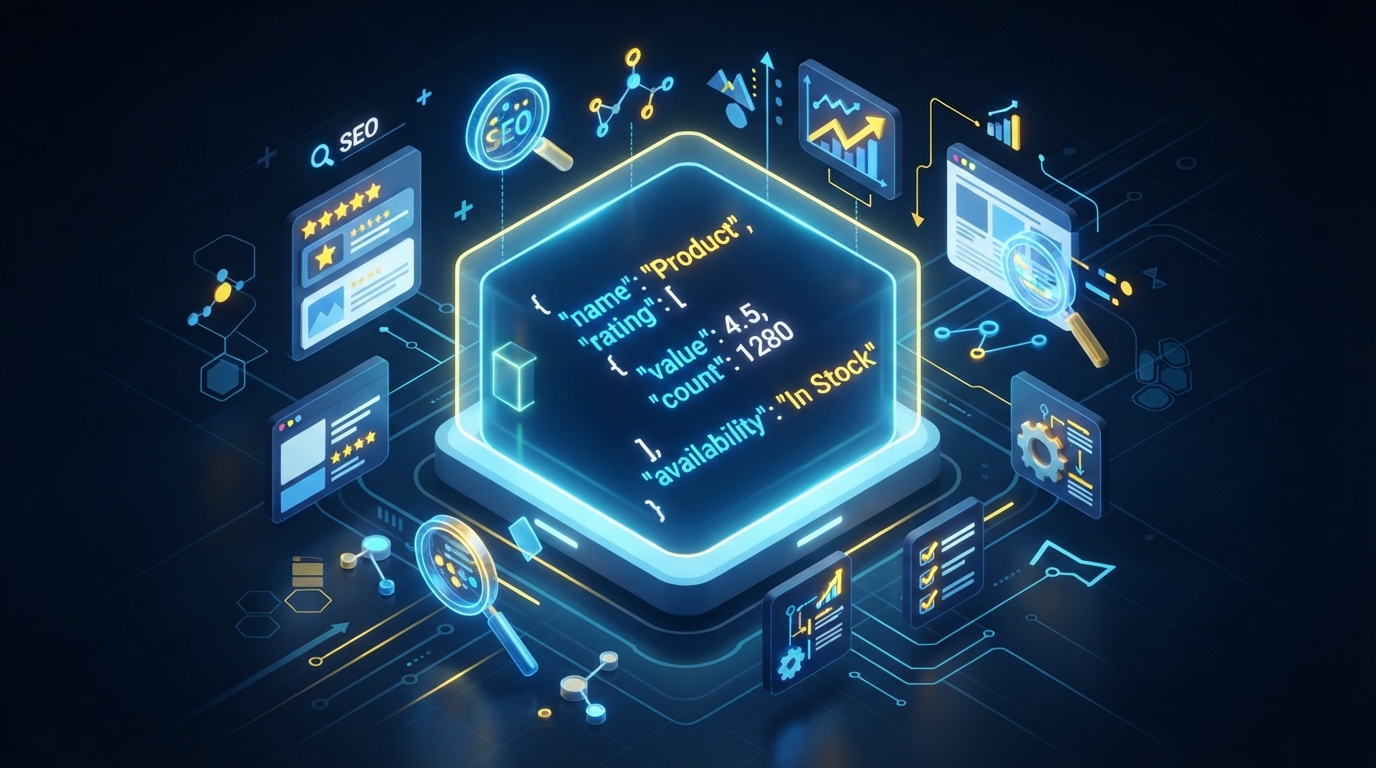 Ilustración 3D que representa un bloque de código de datos estructurados schema json para SEO.