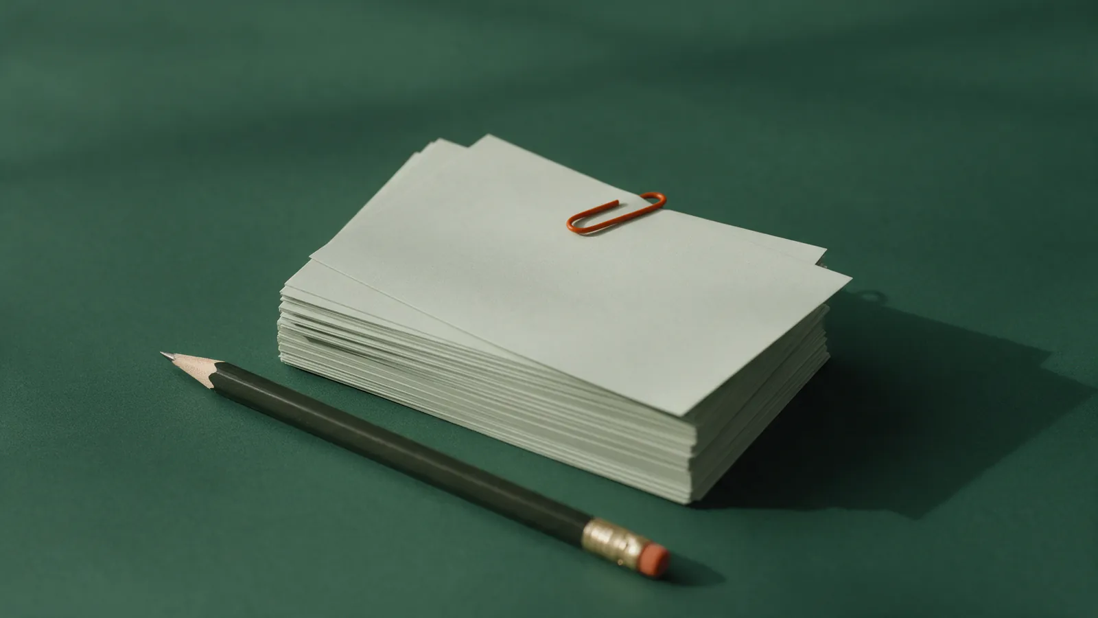 Pila de fichas en blanco con un clip naranja y un lápiz sobre fondo verde